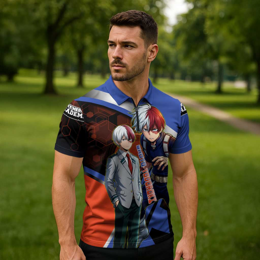 Shoto Todoroki Zipper Polo Shirt Split Fire and Ice Anime Illustration with Elemental Energy Effects