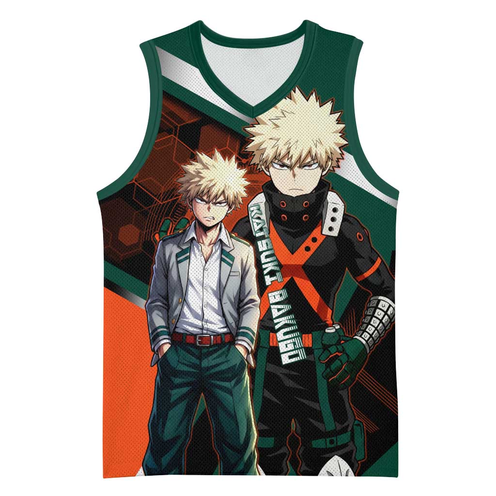 Katsuki Bakugo Basketball Jersey Explosive Anime Action Illustration with Fiery Combat Effects