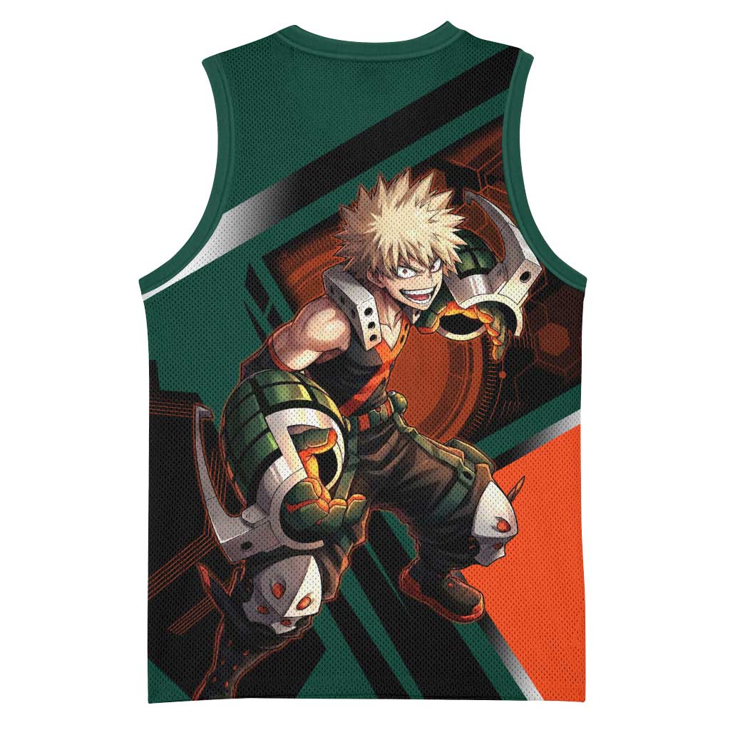 Katsuki Bakugo Basketball Jersey Explosive Anime Action Illustration with Fiery Combat Effects