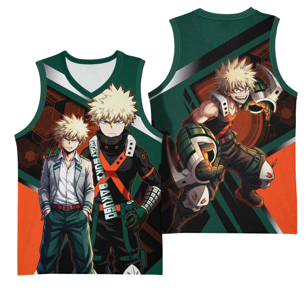 Katsuki Bakugo Basketball Jersey Explosive Anime Action Illustration with Fiery Combat Effects