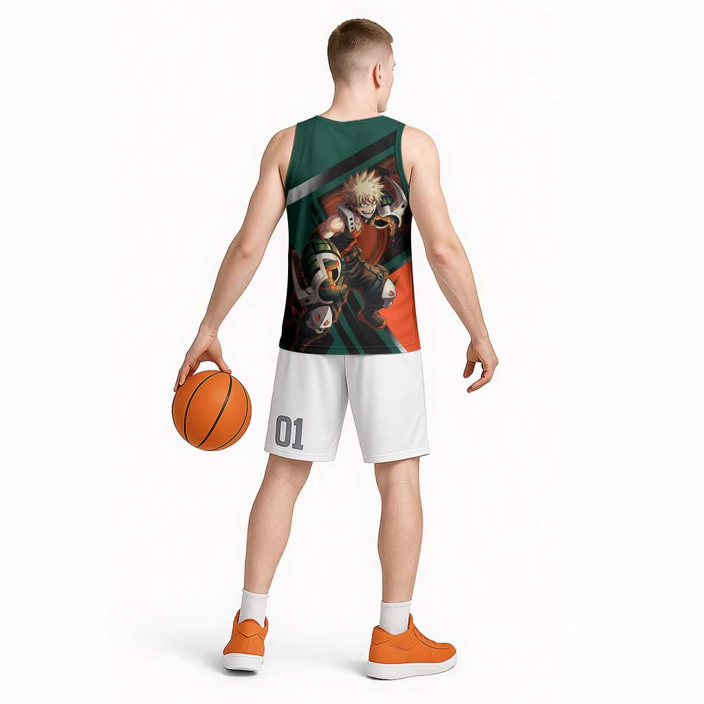 Katsuki Bakugo Basketball Jersey Explosive Anime Action Illustration with Fiery Combat Effects