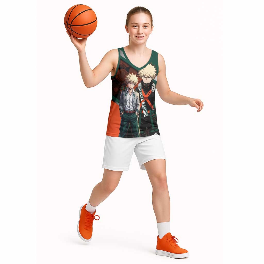 Katsuki Bakugo Basketball Jersey Explosive Anime Action Illustration with Fiery Combat Effects