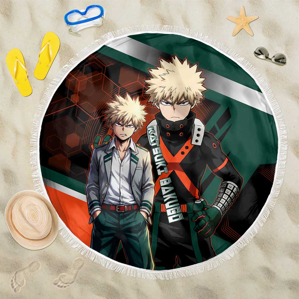 Katsuki Bakugo Beach Blanket Explosive Anime Action Illustration with Fiery Combat Effects
