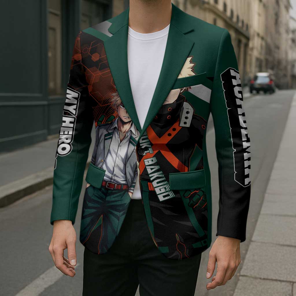 Katsuki Bakugo Blazer Explosive Anime Action Illustration with Fiery Combat Effects