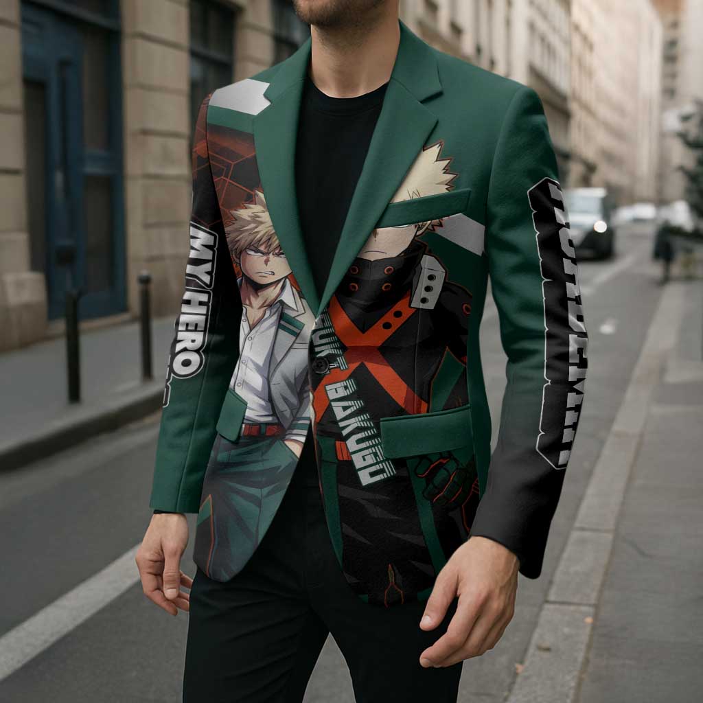 Katsuki Bakugo Blazer Explosive Anime Action Illustration with Fiery Combat Effects