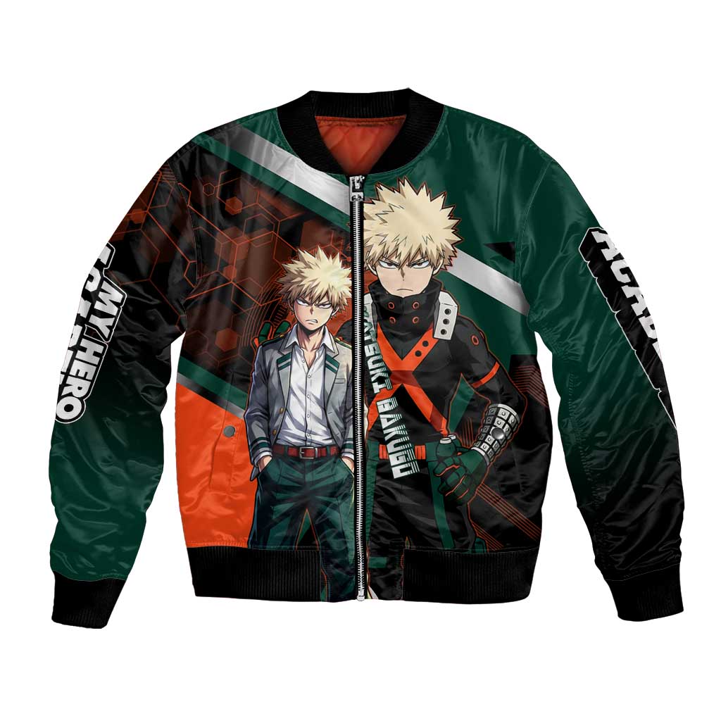 Katsuki Bakugo Bomber Jacket Explosive Anime Action Illustration with Fiery Combat Effects