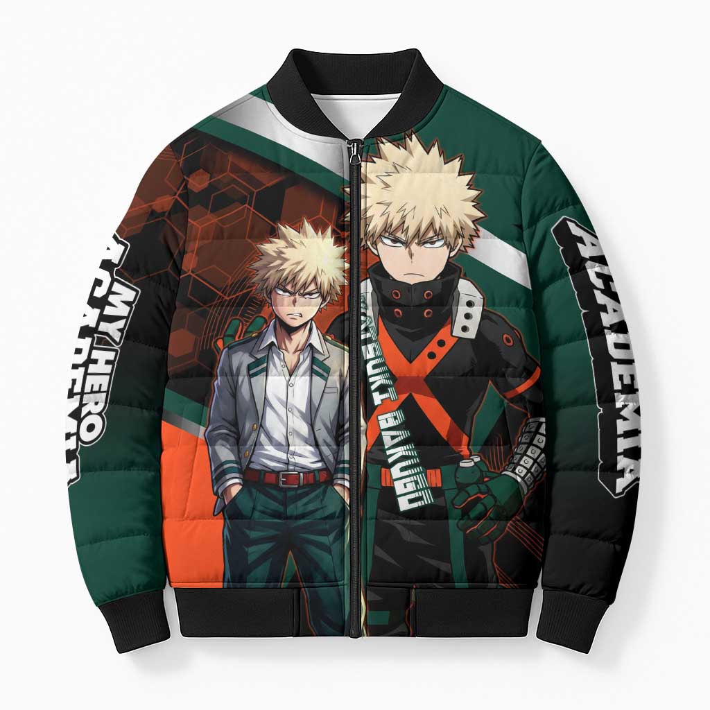 Katsuki Bakugo Bomber Puffer Jacket Explosive Anime Action Illustration with Fiery Combat Effects