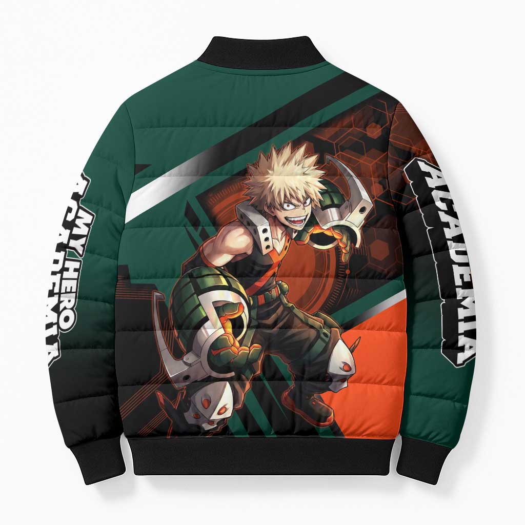 Katsuki Bakugo Bomber Puffer Jacket Explosive Anime Action Illustration with Fiery Combat Effects