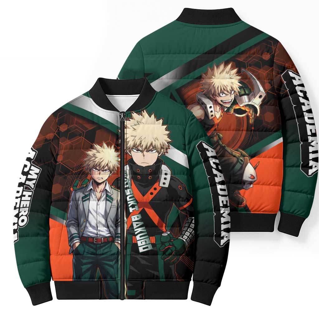 Katsuki Bakugo Bomber Puffer Jacket Explosive Anime Action Illustration with Fiery Combat Effects