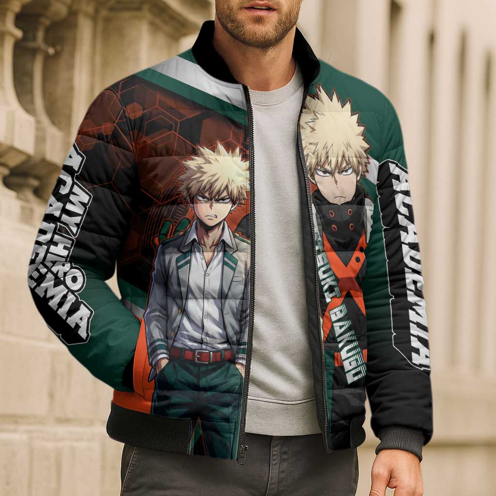 Katsuki Bakugo Bomber Puffer Jacket Explosive Anime Action Illustration with Fiery Combat Effects