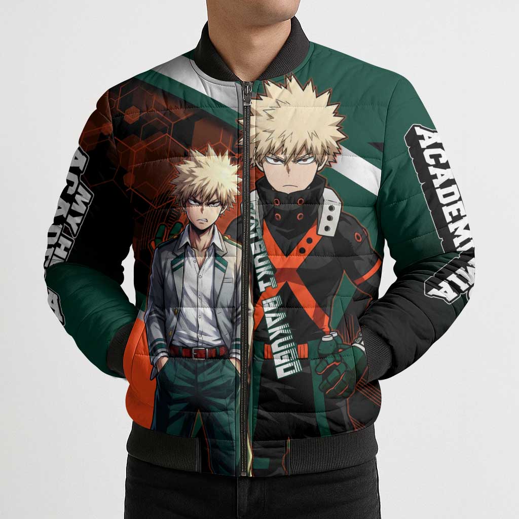 Katsuki Bakugo Bomber Puffer Jacket Explosive Anime Action Illustration with Fiery Combat Effects