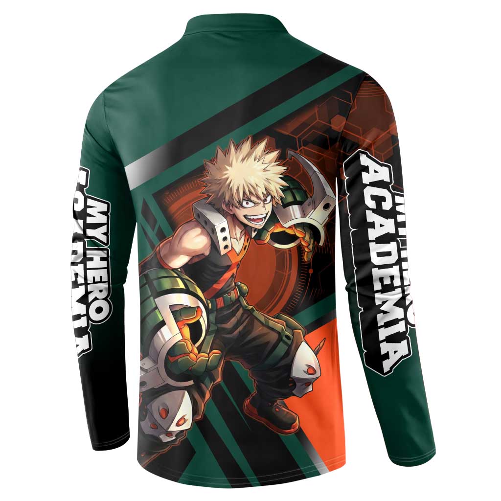 Katsuki Bakugo Button Sweatshirt Explosive Anime Action Illustration with Fiery Combat Effects