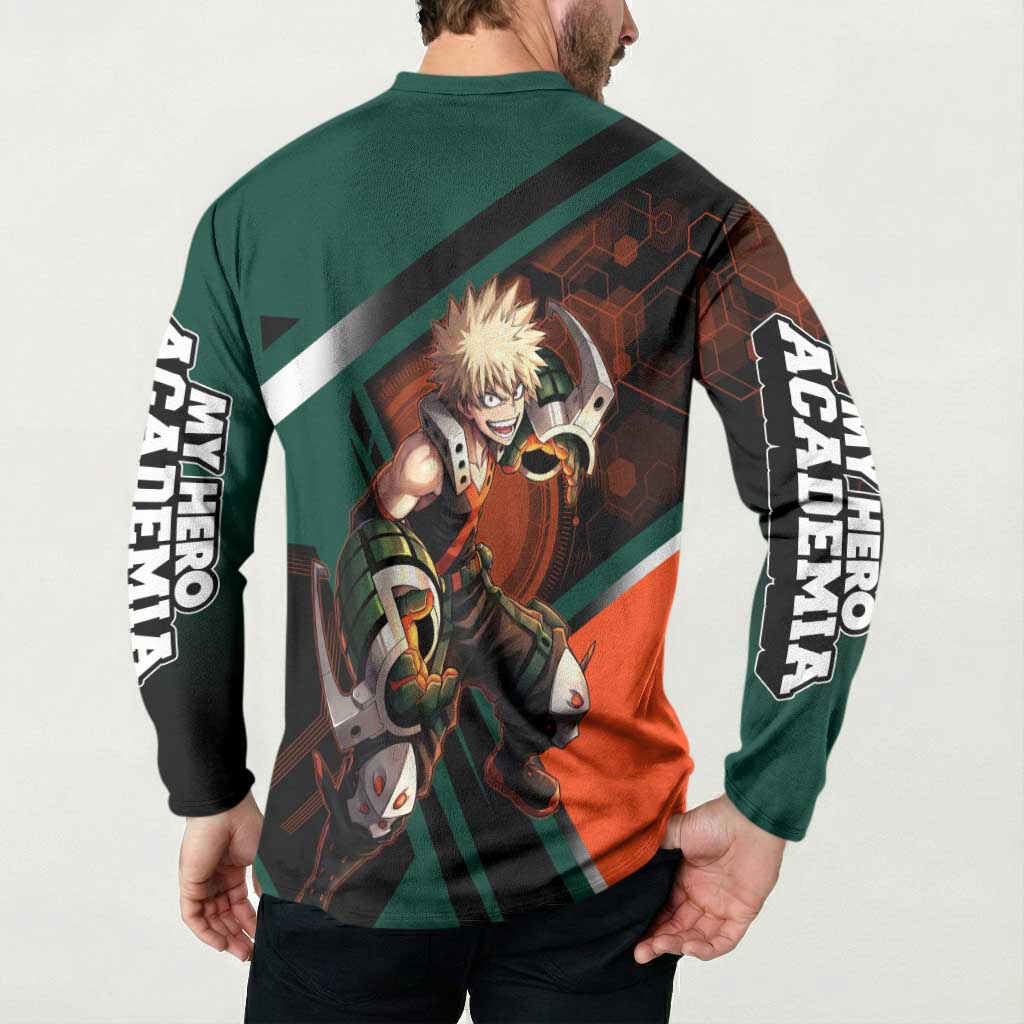 Katsuki Bakugo Button Sweatshirt Explosive Anime Action Illustration with Fiery Combat Effects