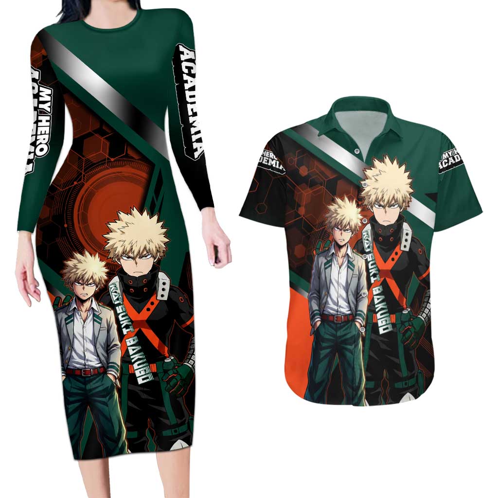 Katsuki Bakugo Couples Matching Long Sleeve Bodycon Dress and Hawaiian Shirt Explosive Anime Action Illustration with Fiery Combat Effects
