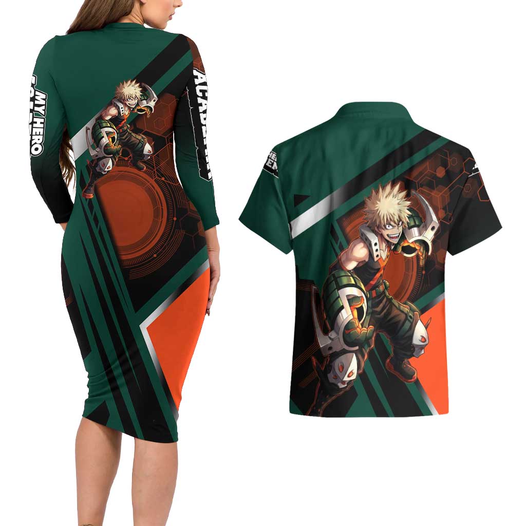 Katsuki Bakugo Couples Matching Long Sleeve Bodycon Dress and Hawaiian Shirt Explosive Anime Action Illustration with Fiery Combat Effects