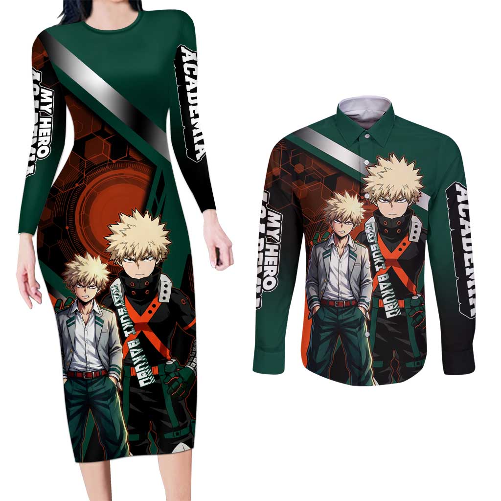 Katsuki Bakugo Couples Matching Long Sleeve Bodycon Dress and Long Sleeve Button Shirt Explosive Anime Action Illustration with Fiery Combat Effects