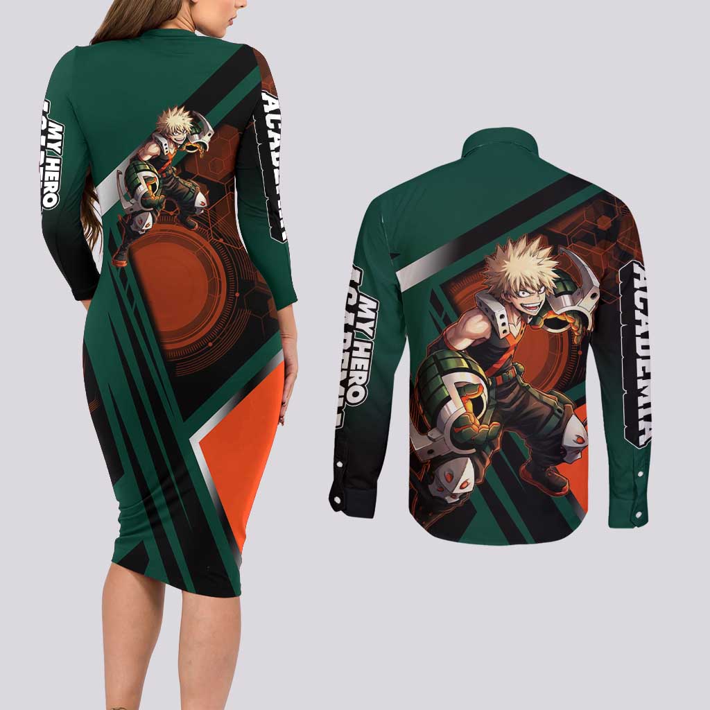 Katsuki Bakugo Couples Matching Long Sleeve Bodycon Dress and Long Sleeve Button Shirt Explosive Anime Action Illustration with Fiery Combat Effects