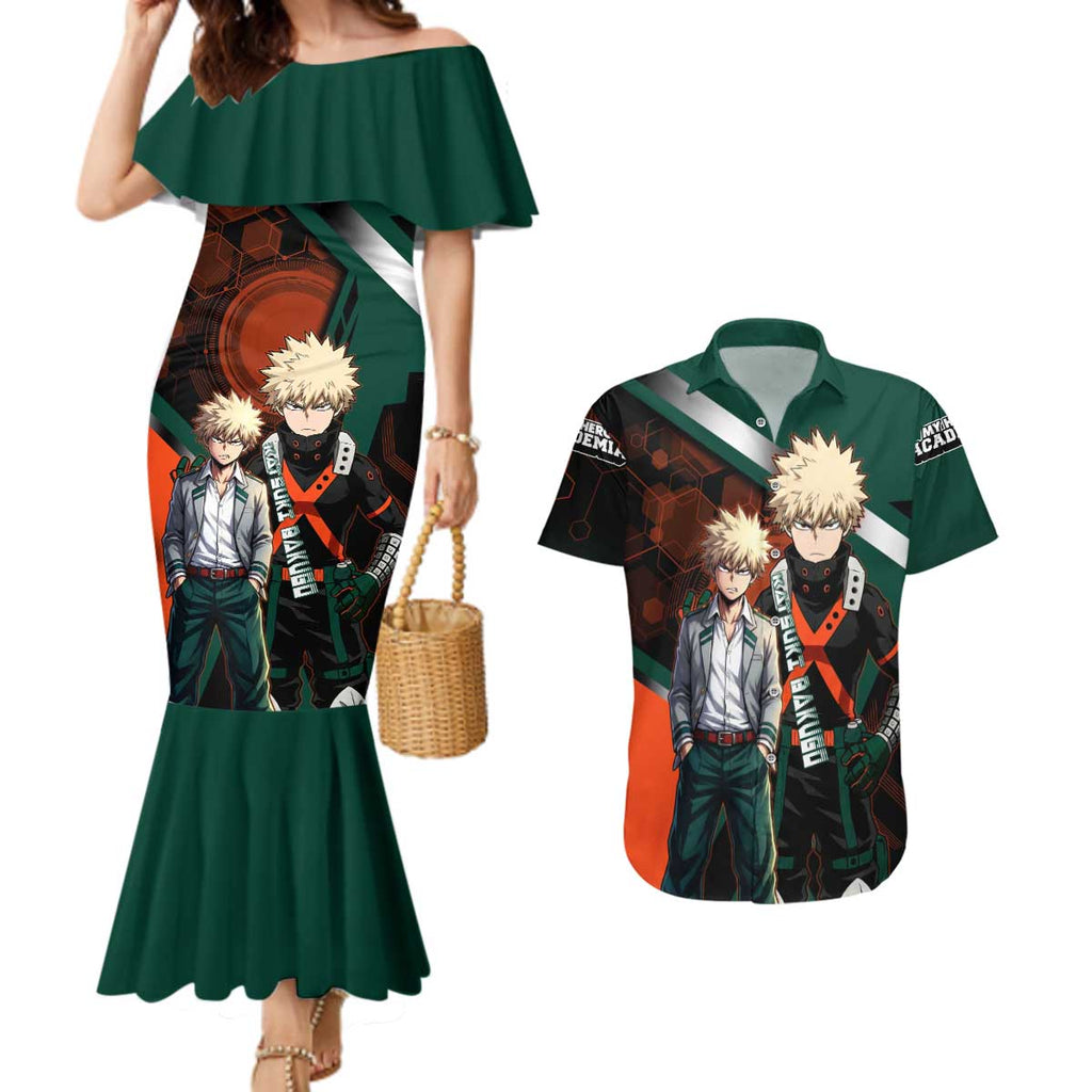 Katsuki Bakugo Couples Matching Mermaid Dress and Hawaiian Shirt Explosive Anime Action Illustration with Fiery Combat Effects