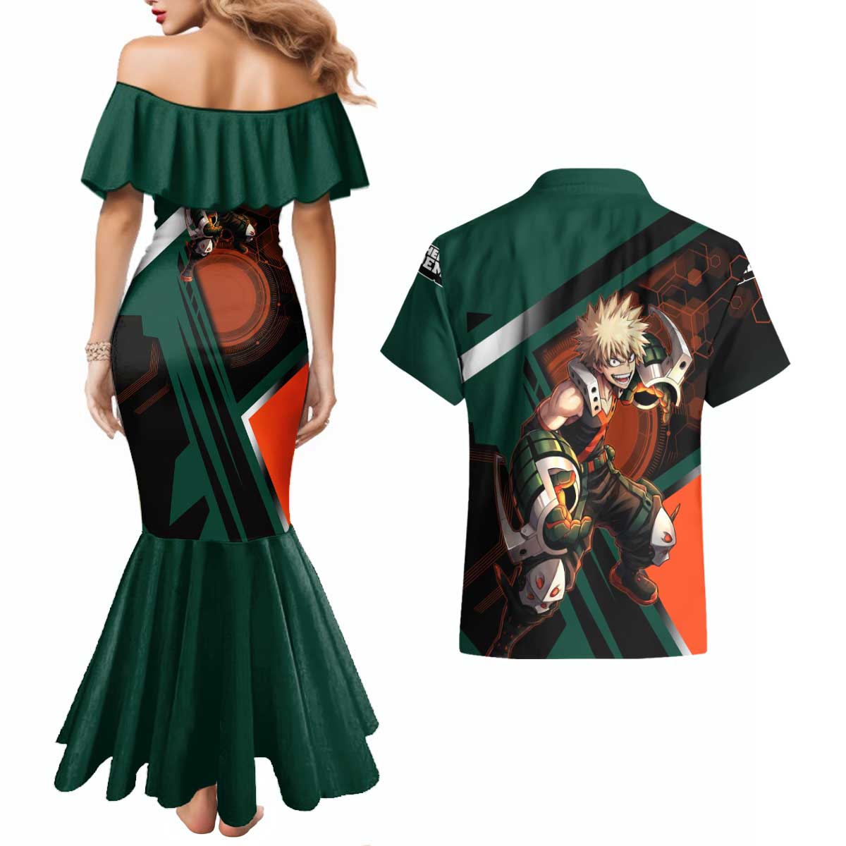 Katsuki Bakugo Couples Matching Mermaid Dress and Hawaiian Shirt Explosive Anime Action Illustration with Fiery Combat Effects