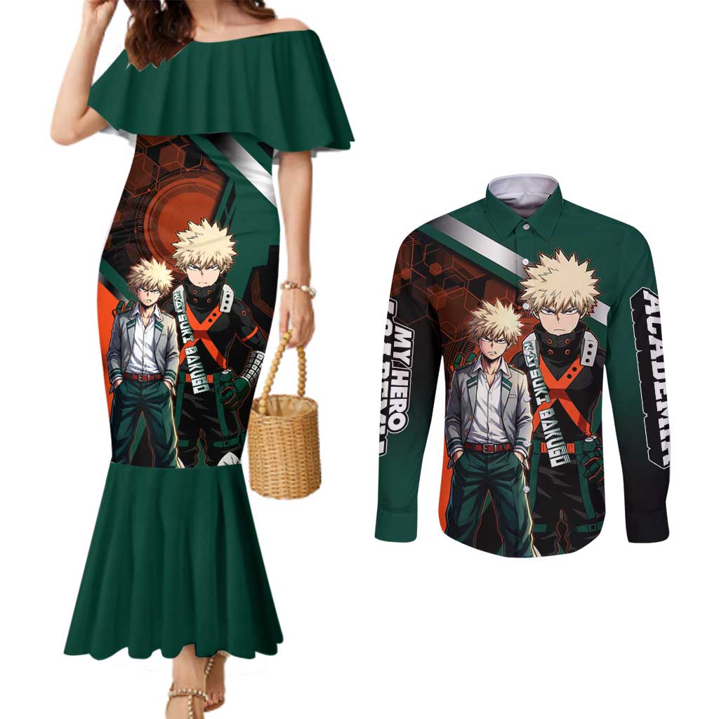 Katsuki Bakugo Couples Matching Mermaid Dress and Long Sleeve Button Shirt Explosive Anime Action Illustration with Fiery Combat Effects
