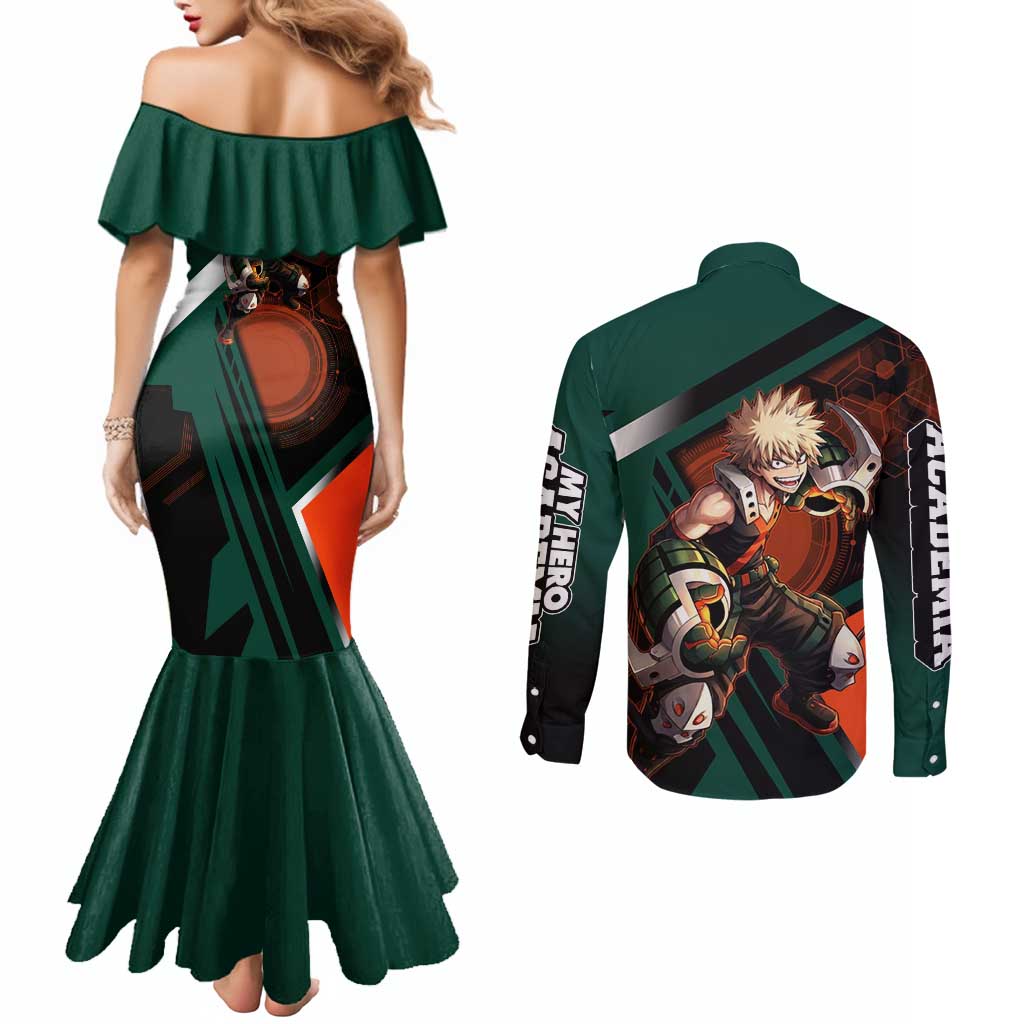 Katsuki Bakugo Couples Matching Mermaid Dress and Long Sleeve Button Shirt Explosive Anime Action Illustration with Fiery Combat Effects