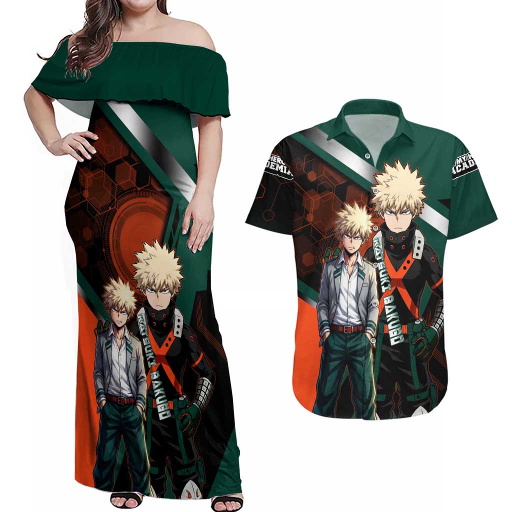 Katsuki Bakugo Couples Matching Off Shoulder Maxi Dress and Hawaiian Shirt Explosive Anime Action Illustration with Fiery Combat Effects