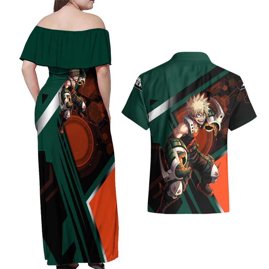 Katsuki Bakugo Couples Matching Off Shoulder Maxi Dress and Hawaiian Shirt Explosive Anime Action Illustration with Fiery Combat Effects
