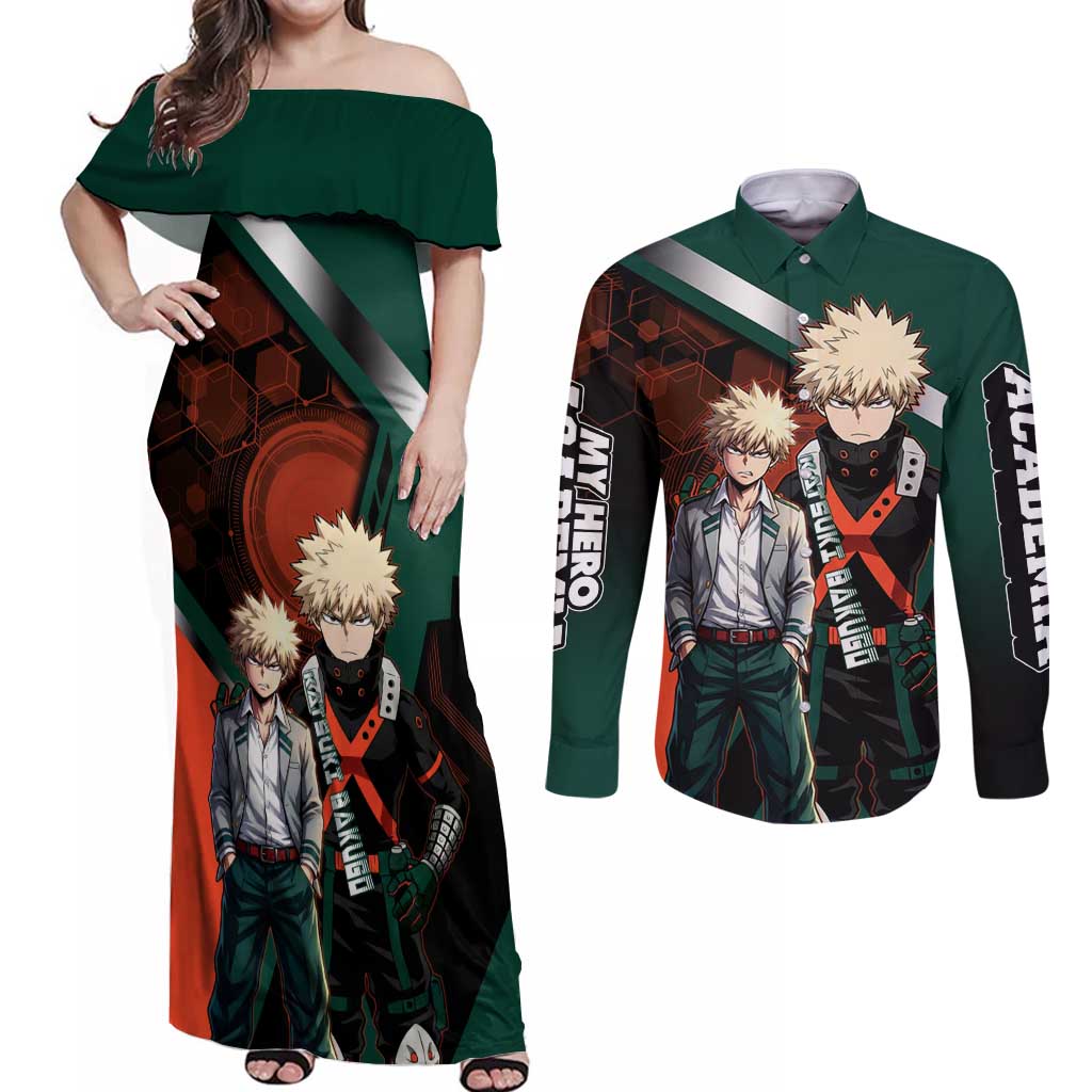 Katsuki Bakugo Couples Matching Off Shoulder Maxi Dress and Long Sleeve Button Shirt Explosive Anime Action Illustration with Fiery Combat Effects