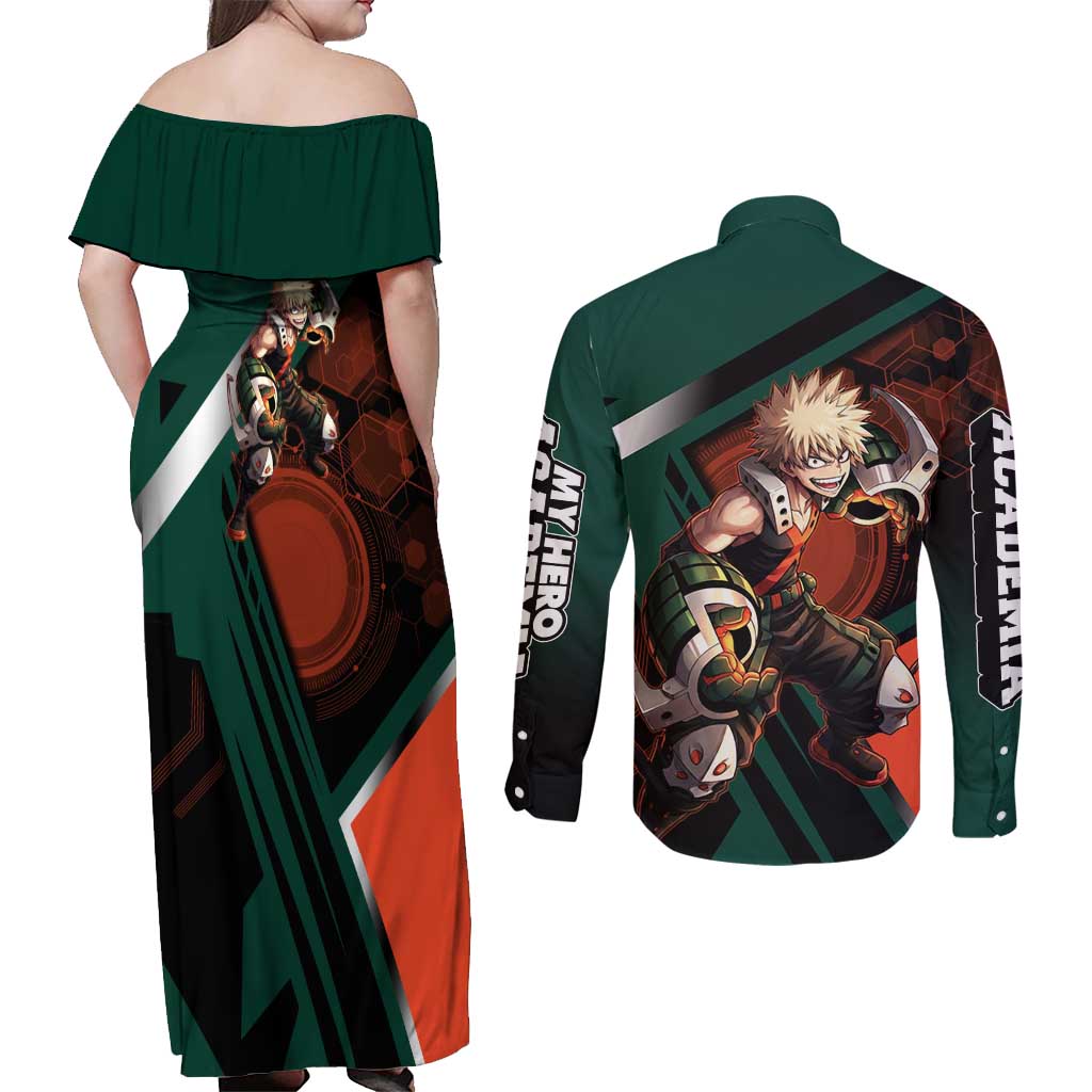 Katsuki Bakugo Couples Matching Off Shoulder Maxi Dress and Long Sleeve Button Shirt Explosive Anime Action Illustration with Fiery Combat Effects
