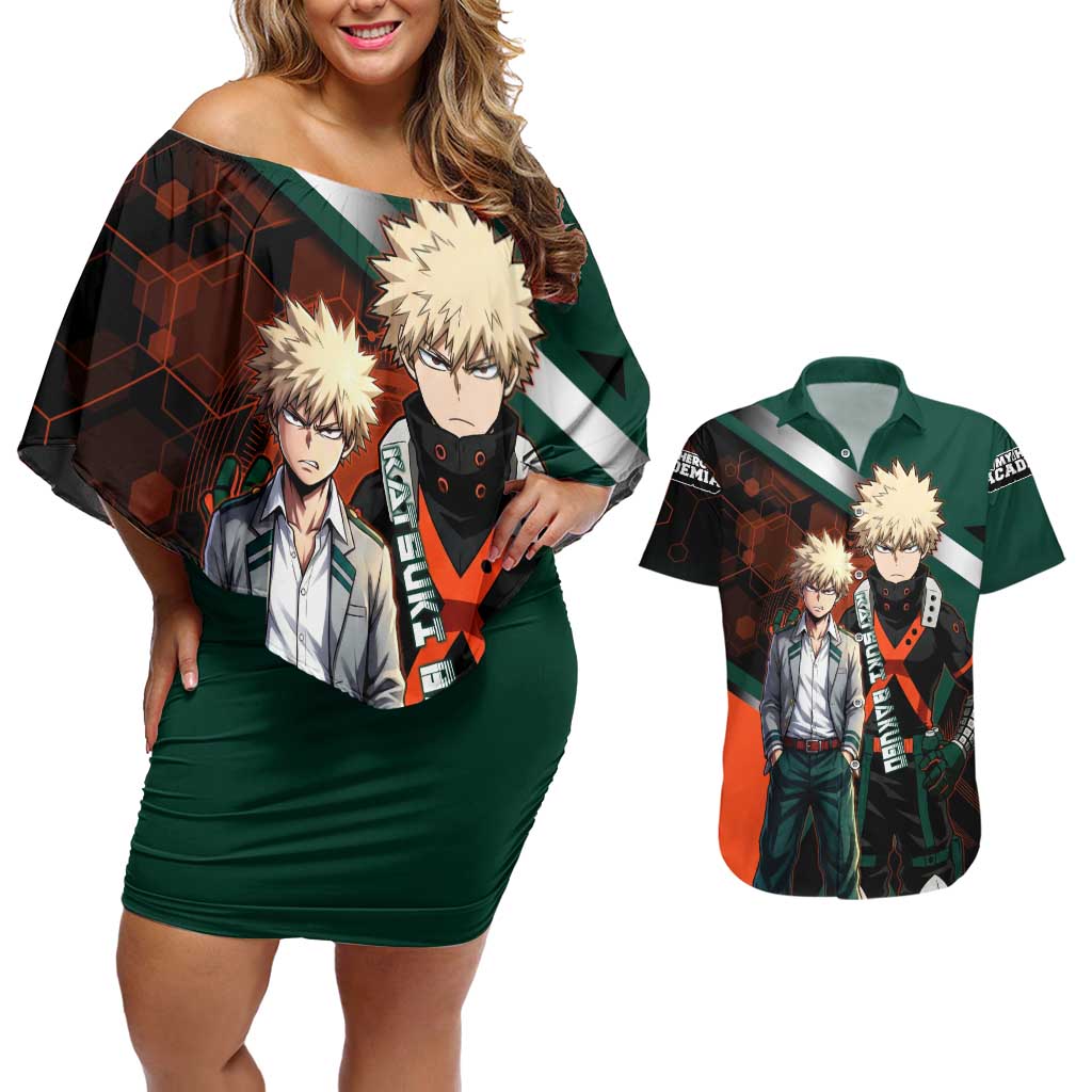 Katsuki Bakugo Couples Matching Off Shoulder Short Dress and Hawaiian Shirt Explosive Anime Action Illustration with Fiery Combat Effects