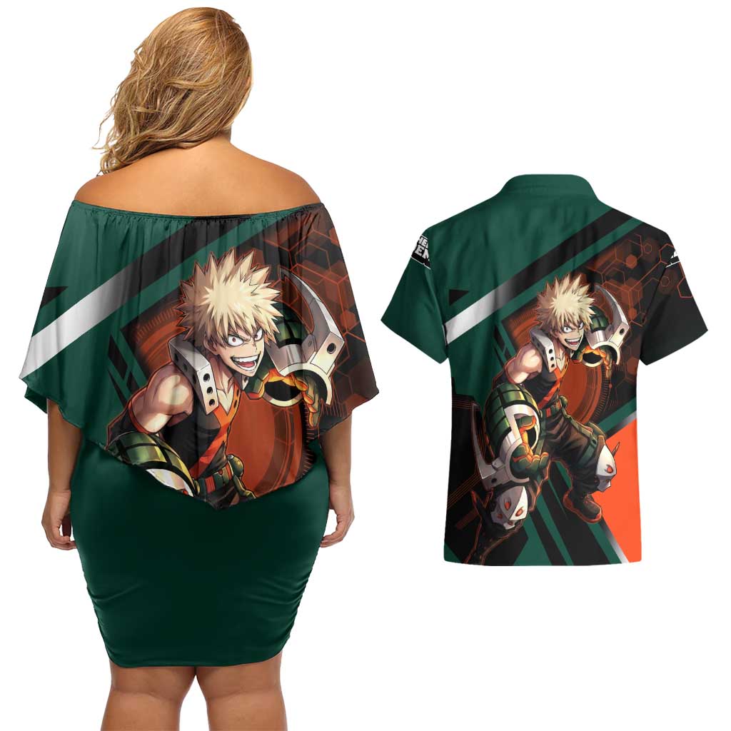 Katsuki Bakugo Couples Matching Off Shoulder Short Dress and Hawaiian Shirt Explosive Anime Action Illustration with Fiery Combat Effects