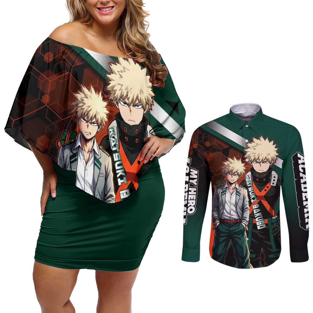 Katsuki Bakugo Couples Matching Off Shoulder Short Dress and Long Sleeve Button Shirt Explosive Anime Action Illustration with Fiery Combat Effects