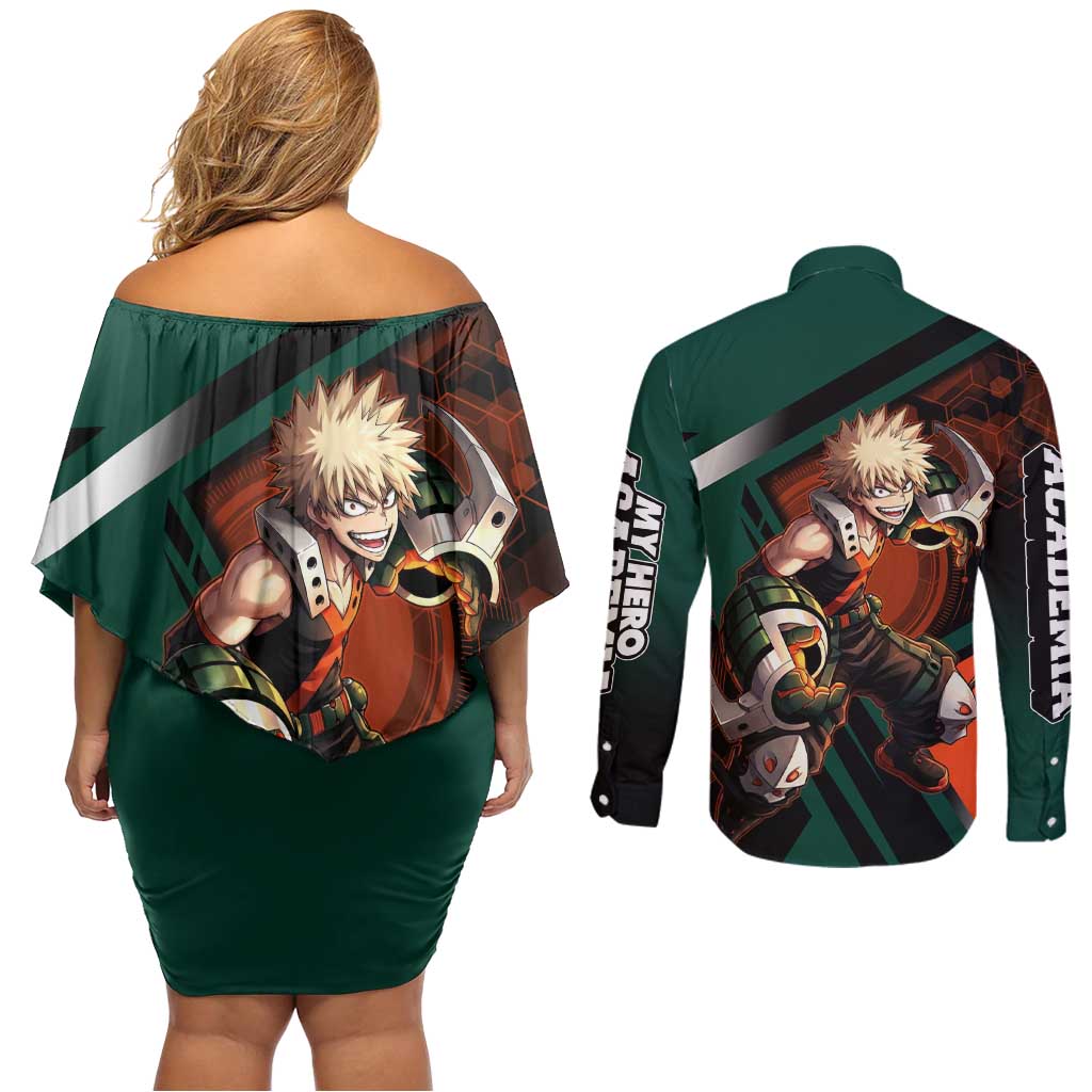 Katsuki Bakugo Couples Matching Off Shoulder Short Dress and Long Sleeve Button Shirt Explosive Anime Action Illustration with Fiery Combat Effects