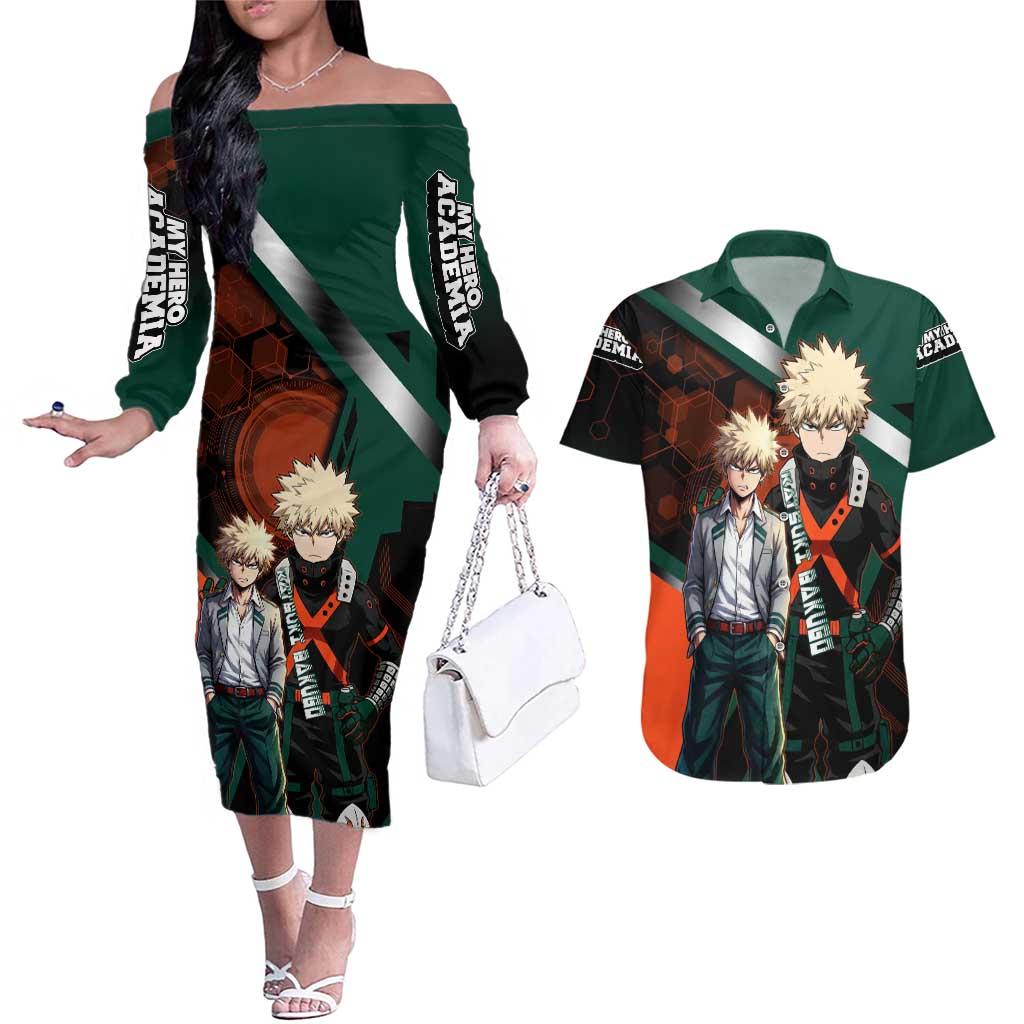Katsuki Bakugo Couples Matching Off The Shoulder Long Sleeve Dress and Hawaiian Shirt Explosive Anime Action Illustration with Fiery Combat Effects