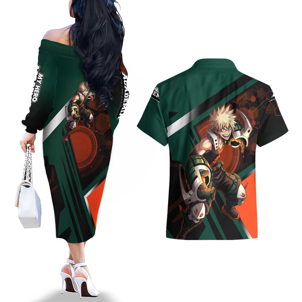 Katsuki Bakugo Couples Matching Off The Shoulder Long Sleeve Dress and Hawaiian Shirt Explosive Anime Action Illustration with Fiery Combat Effects