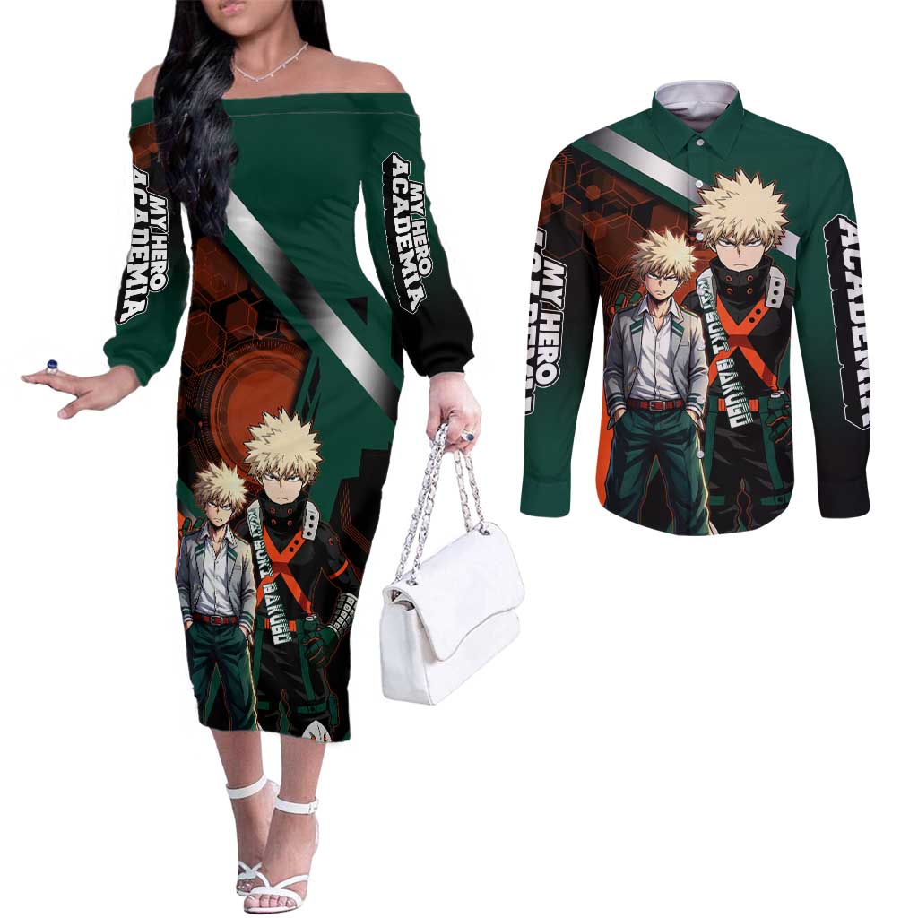 Katsuki Bakugo Couples Matching Off The Shoulder Long Sleeve Dress and Long Sleeve Button Shirt Explosive Anime Action Illustration with Fiery Combat Effects