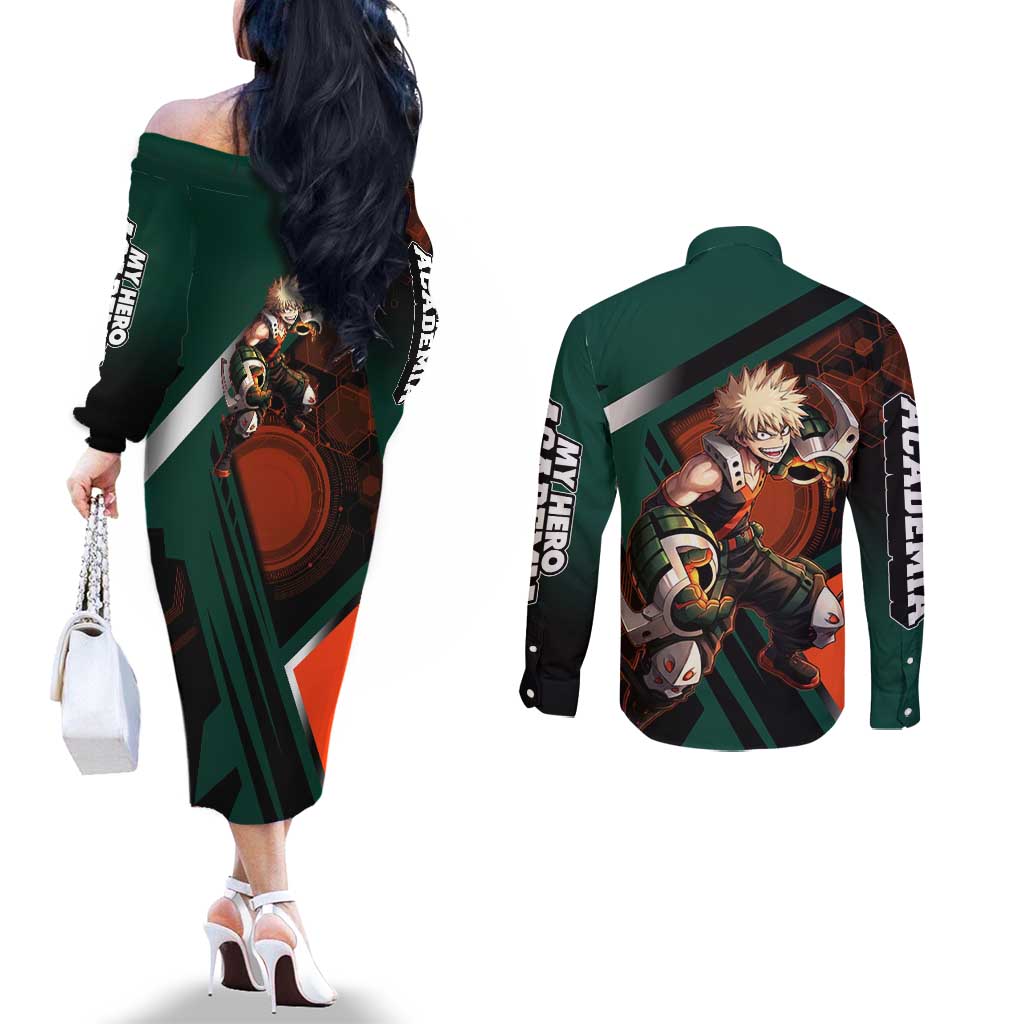 Katsuki Bakugo Couples Matching Off The Shoulder Long Sleeve Dress and Long Sleeve Button Shirt Explosive Anime Action Illustration with Fiery Combat Effects