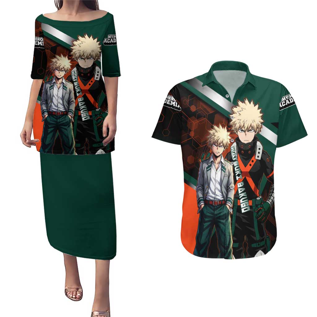 Katsuki Bakugo Couples Matching Puletasi and Hawaiian Shirt Explosive Anime Action Illustration with Fiery Combat Effects