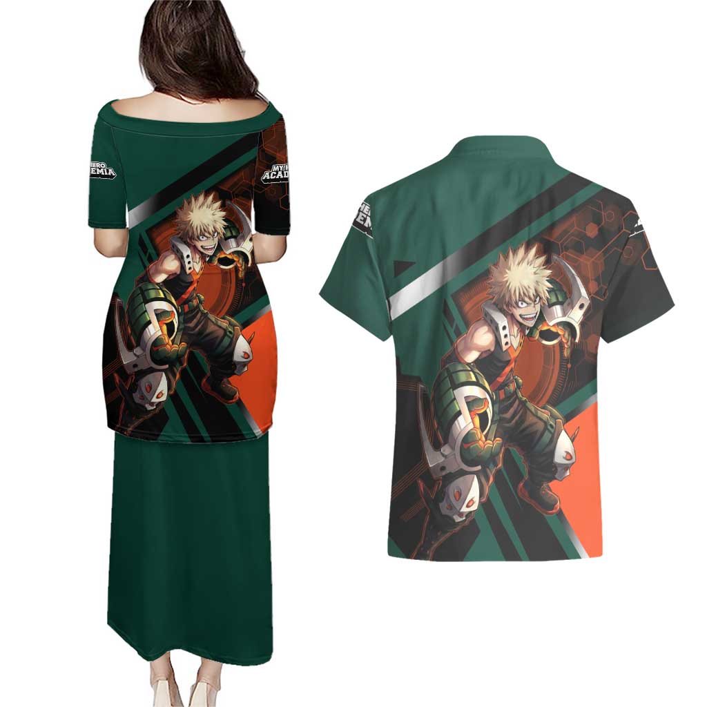 Katsuki Bakugo Couples Matching Puletasi and Hawaiian Shirt Explosive Anime Action Illustration with Fiery Combat Effects