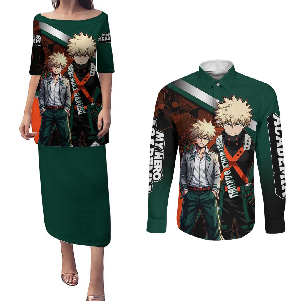 Katsuki Bakugo Couples Matching Puletasi and Long Sleeve Button Shirt Explosive Anime Action Illustration with Fiery Combat Effects