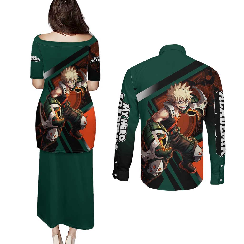 Katsuki Bakugo Couples Matching Puletasi and Long Sleeve Button Shirt Explosive Anime Action Illustration with Fiery Combat Effects