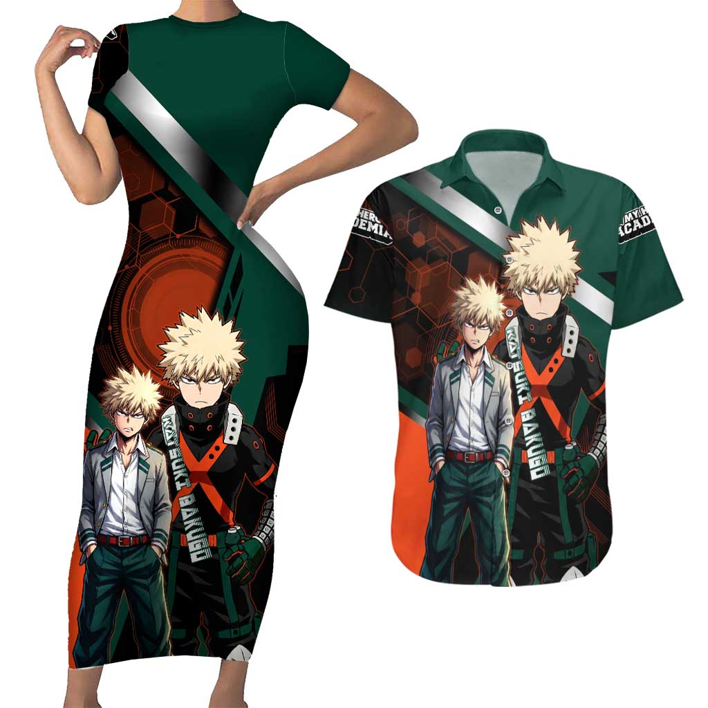 Katsuki Bakugo Couples Matching Short Sleeve Bodycon Dress and Hawaiian Shirt Explosive Anime Action Illustration with Fiery Combat Effects