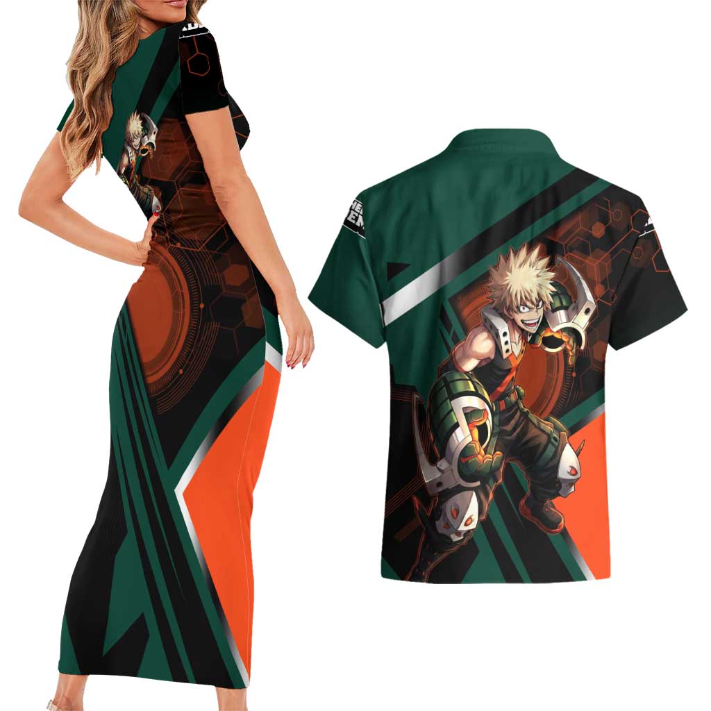 Katsuki Bakugo Couples Matching Short Sleeve Bodycon Dress and Hawaiian Shirt Explosive Anime Action Illustration with Fiery Combat Effects