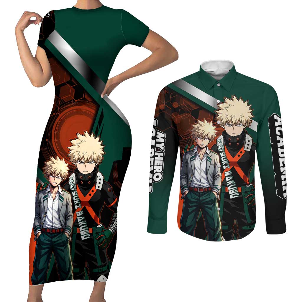 Katsuki Bakugo Couples Matching Short Sleeve Bodycon Dress and Long Sleeve Button Shirt Explosive Anime Action Illustration with Fiery Combat Effects