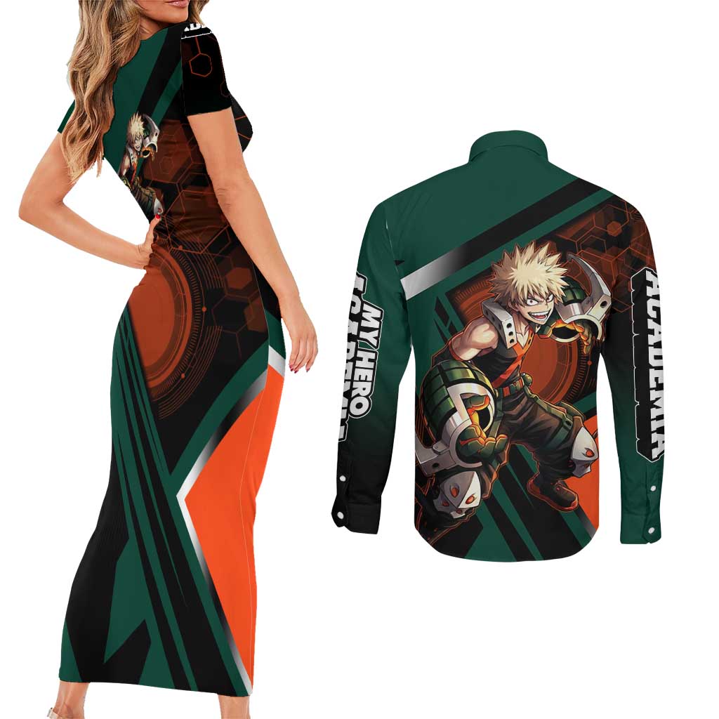 Katsuki Bakugo Couples Matching Short Sleeve Bodycon Dress and Long Sleeve Button Shirt Explosive Anime Action Illustration with Fiery Combat Effects
