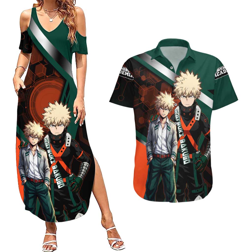Katsuki Bakugo Couples Matching Summer Maxi Dress and Hawaiian Shirt Explosive Anime Action Illustration with Fiery Combat Effects
