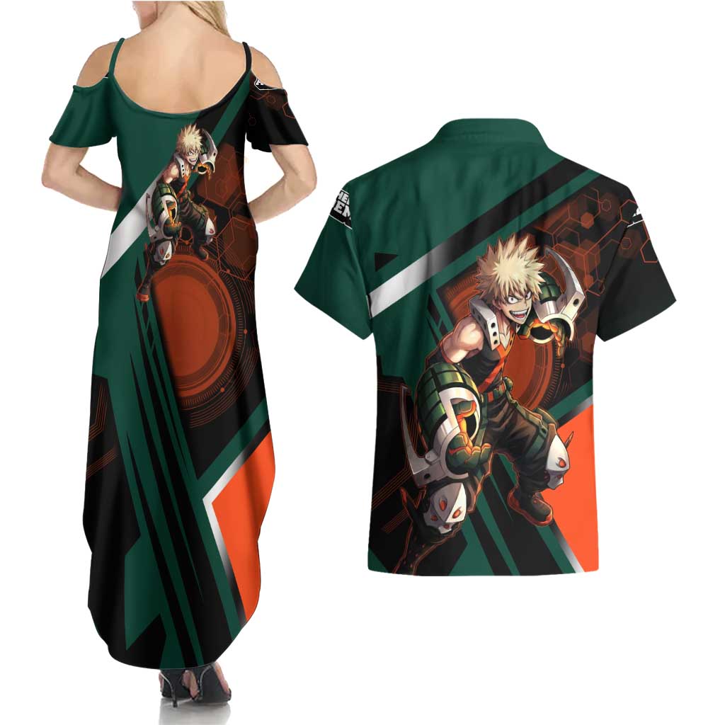 Katsuki Bakugo Couples Matching Summer Maxi Dress and Hawaiian Shirt Explosive Anime Action Illustration with Fiery Combat Effects