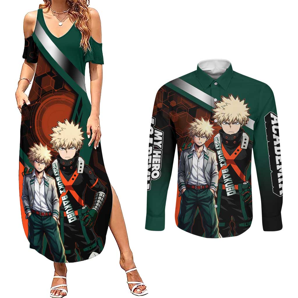 Katsuki Bakugo Couples Matching Summer Maxi Dress and Long Sleeve Button Shirt Explosive Anime Action Illustration with Fiery Combat Effects