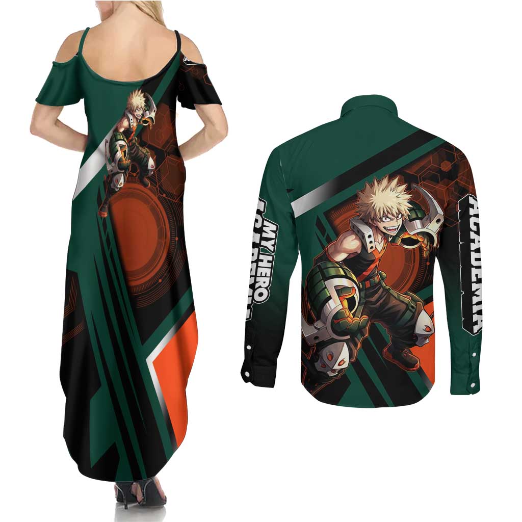 Katsuki Bakugo Couples Matching Summer Maxi Dress and Long Sleeve Button Shirt Explosive Anime Action Illustration with Fiery Combat Effects