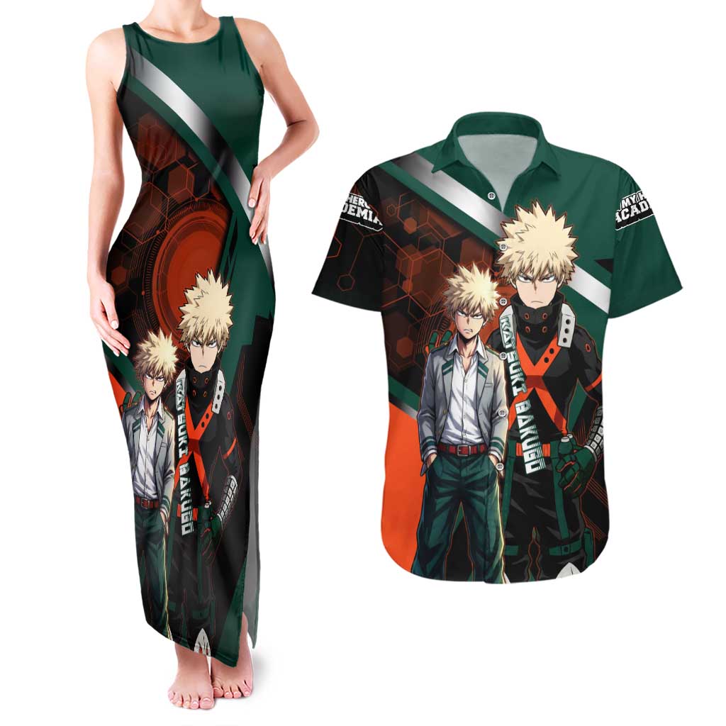 Katsuki Bakugo Couples Matching Tank Maxi Dress and Hawaiian Shirt Explosive Anime Action Illustration with Fiery Combat Effects